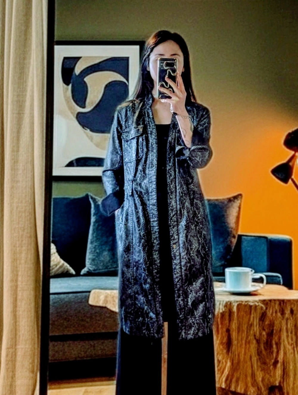 White House Black Market Black/Green Foil Snake Print Coat/Dress